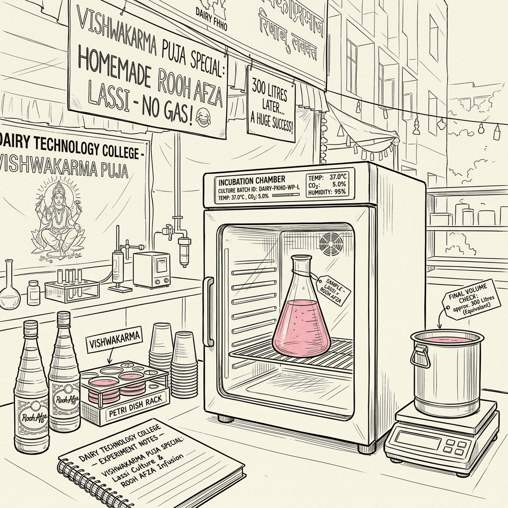 Students serving pink homemade lassi at a Vishwakarma Puja stall; signs read “Homemade Rooh Afza Lassi – No Gas!” and “300 Litres Later, A Huge Success!”