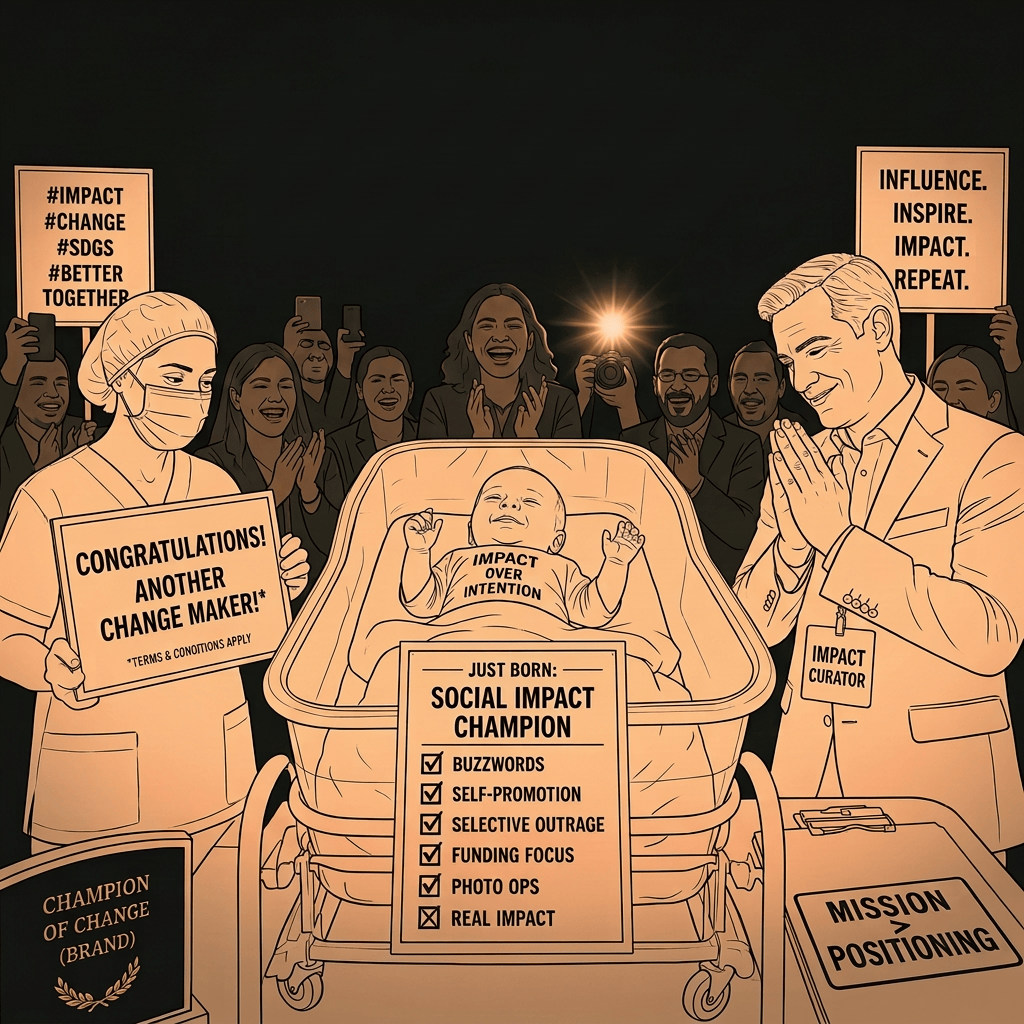Satirical poster reading “A FRAUD: AN OPPORTUNISTIC SOCIAL IMPACT CHAMPION IS BORN EVERY WEEK,” with a smiling baby labeled “IMPACT OVER INTENTION,” a checklist marking buzzwords, self-promotion, selective outrage, funding focus, and photo ops, but crossing out real impact; surrounding signs read “#IMPACT #CHANGE #SDGS #BETTER TOGETHER,” “INFLUENCE. INSPIRE. IMPACT. REPEAT.”, “CONGRATULATIONS! ANOTHER CHANGE MAKER! *TERMS & CONDITIONS APPLY,” “CHAMPION OF CHANGE (BRAND),” and “MISSION POSITIONING.”
